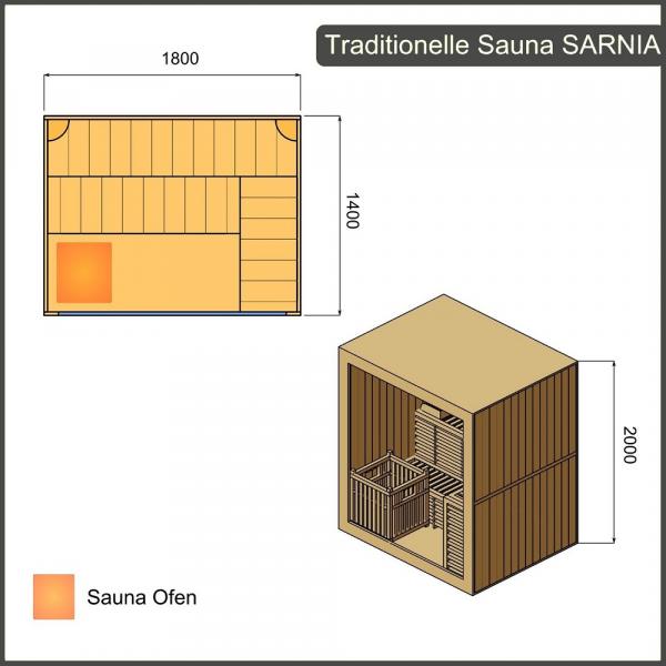 Saunakabine Sarina 180, Maße, Sauna-Wellness-Welt